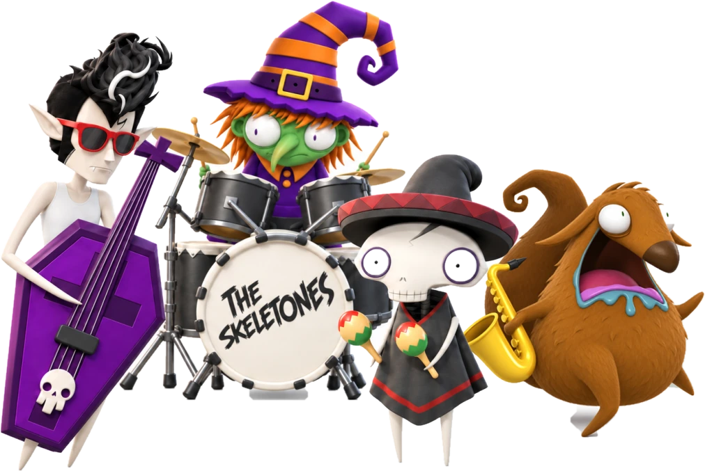 The Skeletones: Sunny, Runny, Felipe and Gummy