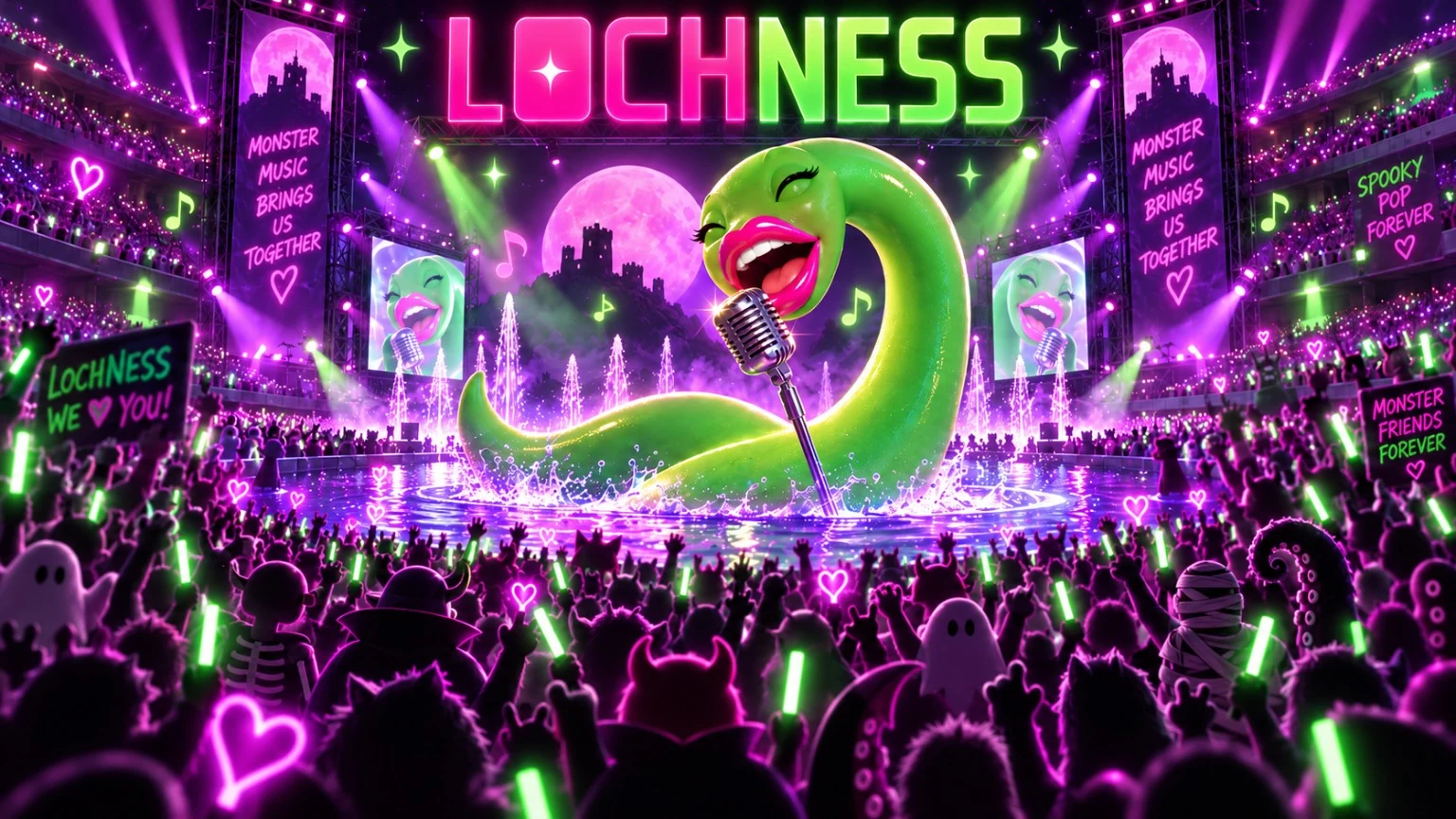 Lochness performing a colorful Halloween pop concert